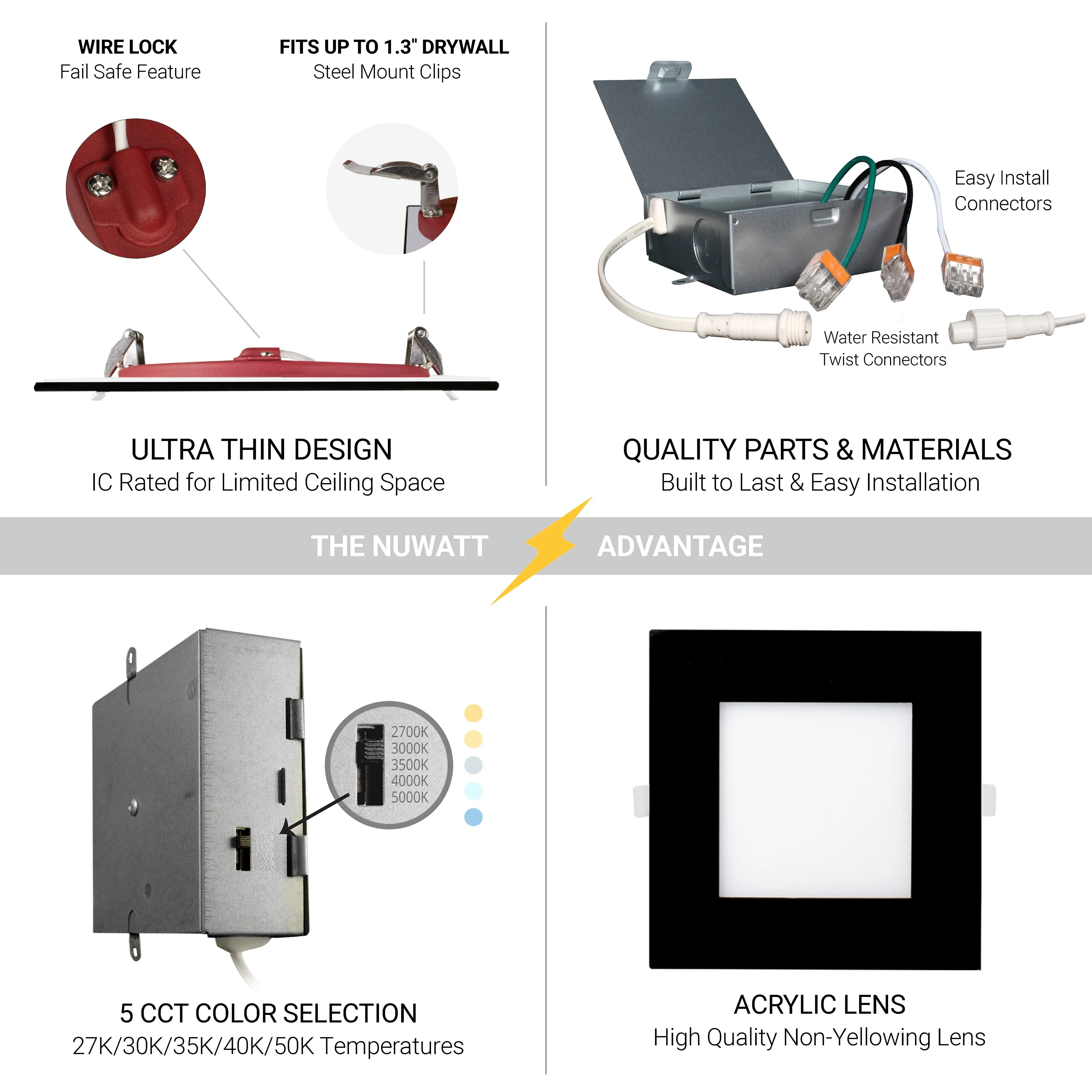 6" Inch Square Black 2 Hour Fire Rated Recessed Light Slim Canless LED Wafer Lights - Wet Rated - 5CCT 2700K-5000K - 1200LM