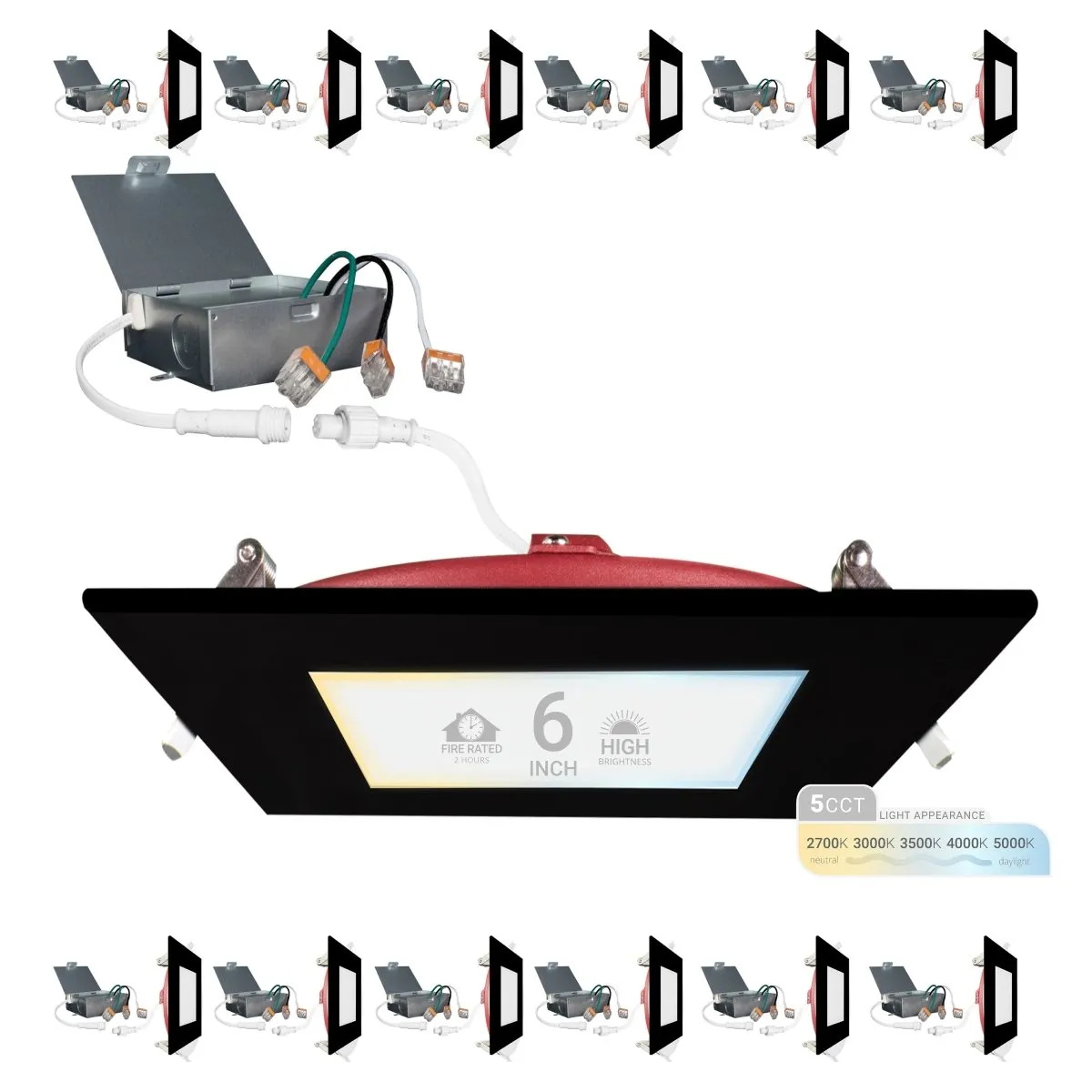 6" Inch Square Black 2 Hour Fire Rated Recessed Light Slim Canless LED Wafer Lights - Wet Rated - 5CCT 2700K-5000K - 1200LM