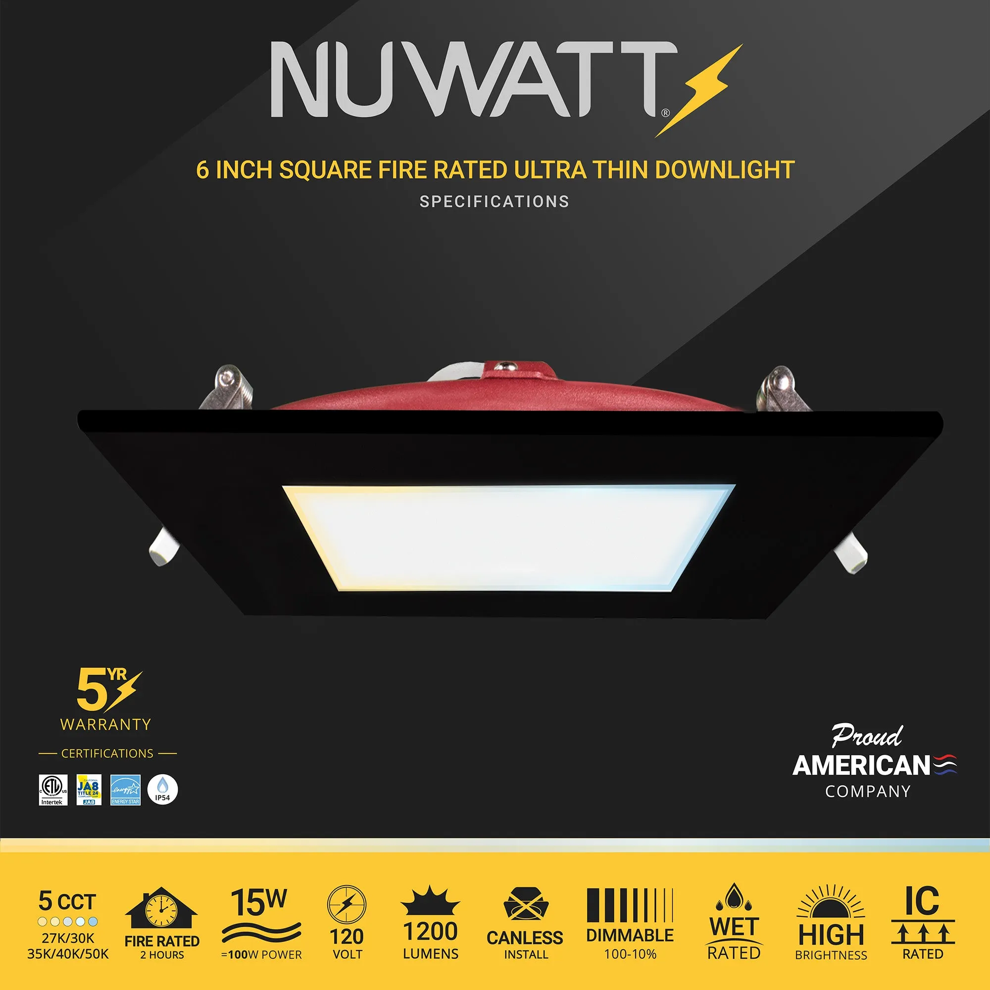 6" Inch Square Black 2 Hour Fire Rated Recessed Light Slim Canless LED Wafer Lights - Wet Rated - 5CCT 2700K-5000K - 1200LM