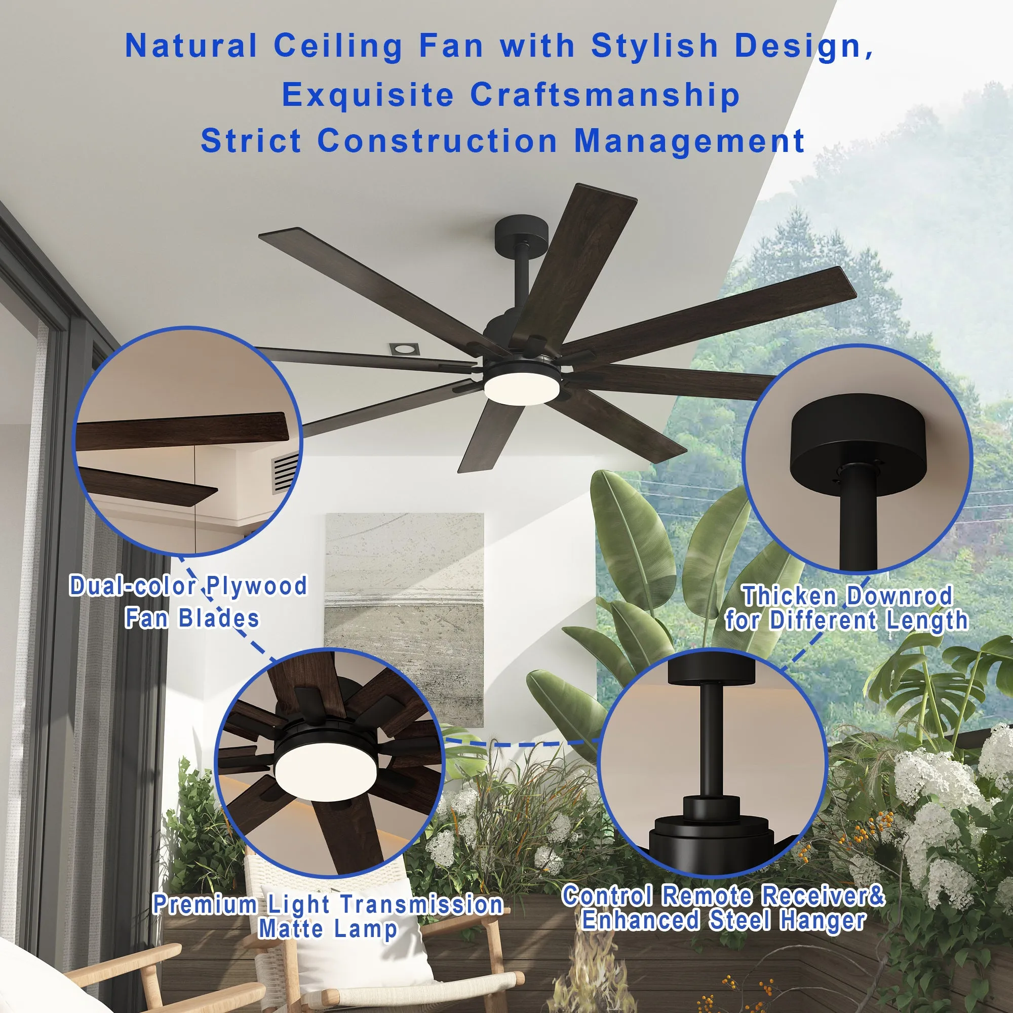 72-Inch Ceiling Fan with Dual-Tone Blades and 3-Color LED Light