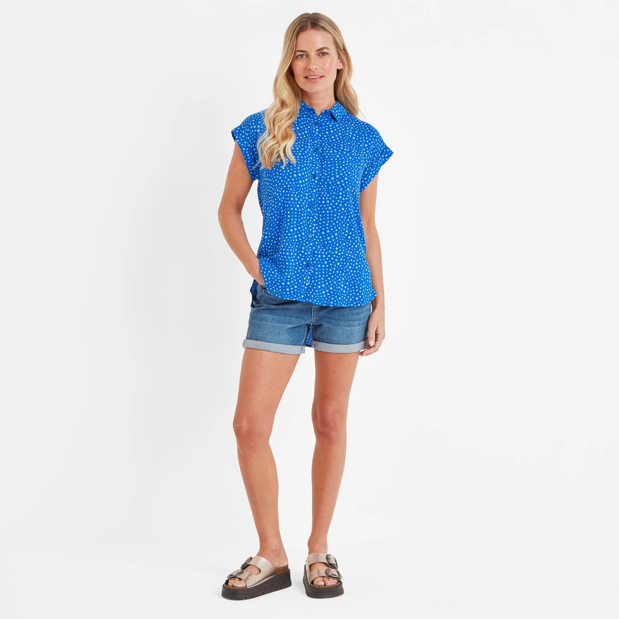 Alston Womens Shoer Short Sleeve Shirt - Mykonos Blue Star Print