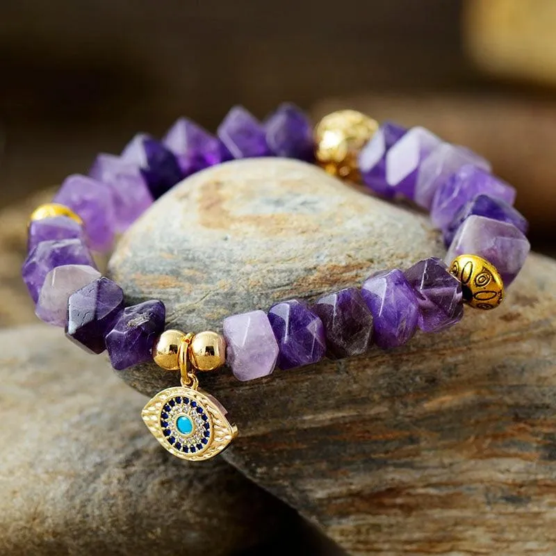 Amethyst Stretchy Bracelet with Evil Eye Charm