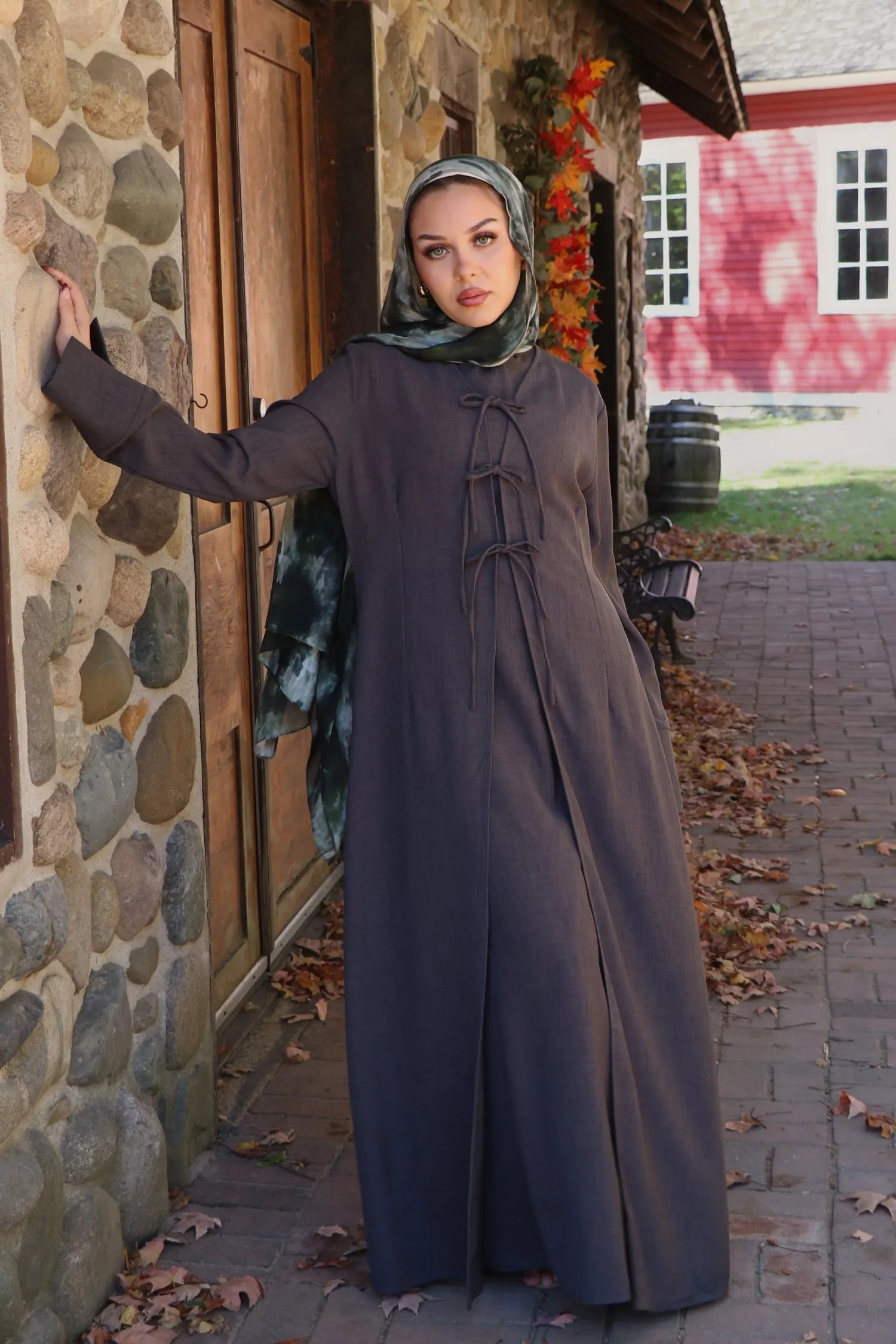 Ayla Linen Tie Abaya Set- Koala Gray