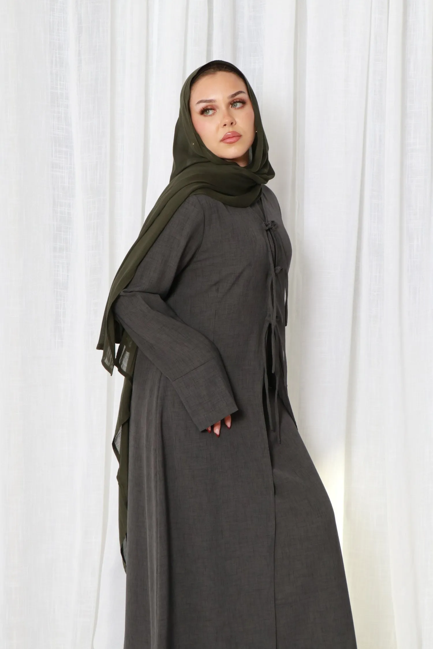 Ayla Linen Tie Abaya Set- Koala Gray