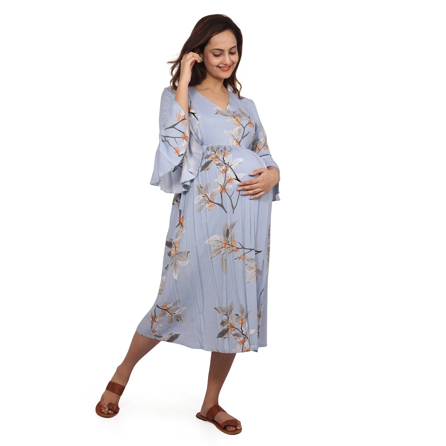 Baby Moo Half Bell Sleeves Comfortable Nursing And Maternity Dress Flower Print - Blue