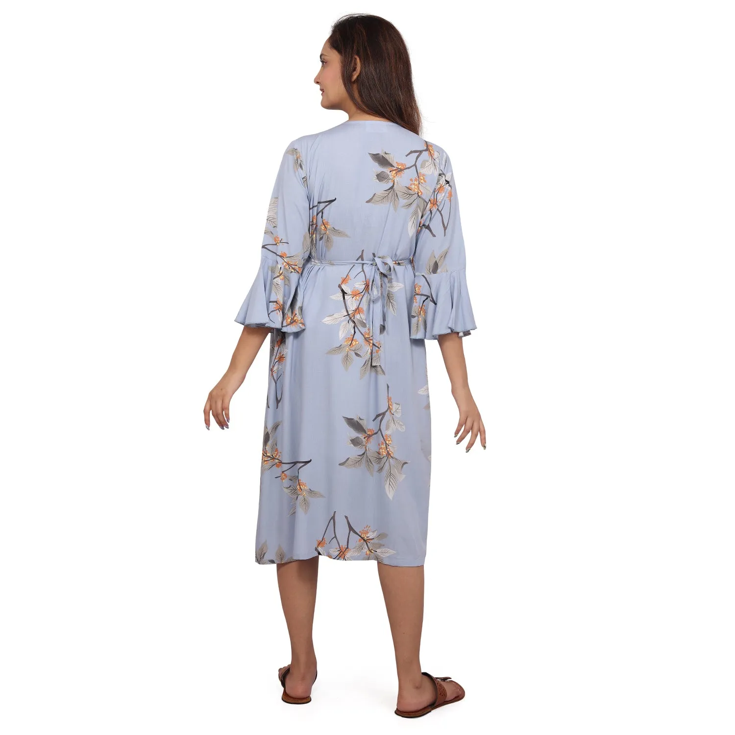 Baby Moo Half Bell Sleeves Comfortable Nursing And Maternity Dress Flower Print - Blue