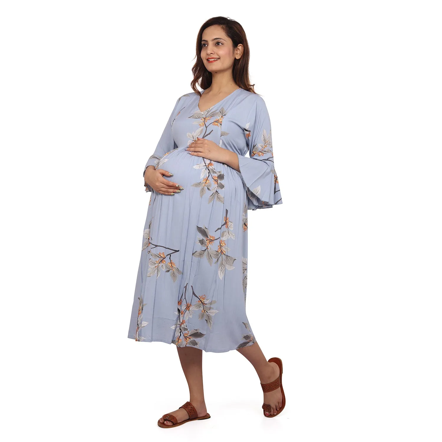 Baby Moo Half Bell Sleeves Comfortable Nursing And Maternity Dress Flower Print - Blue