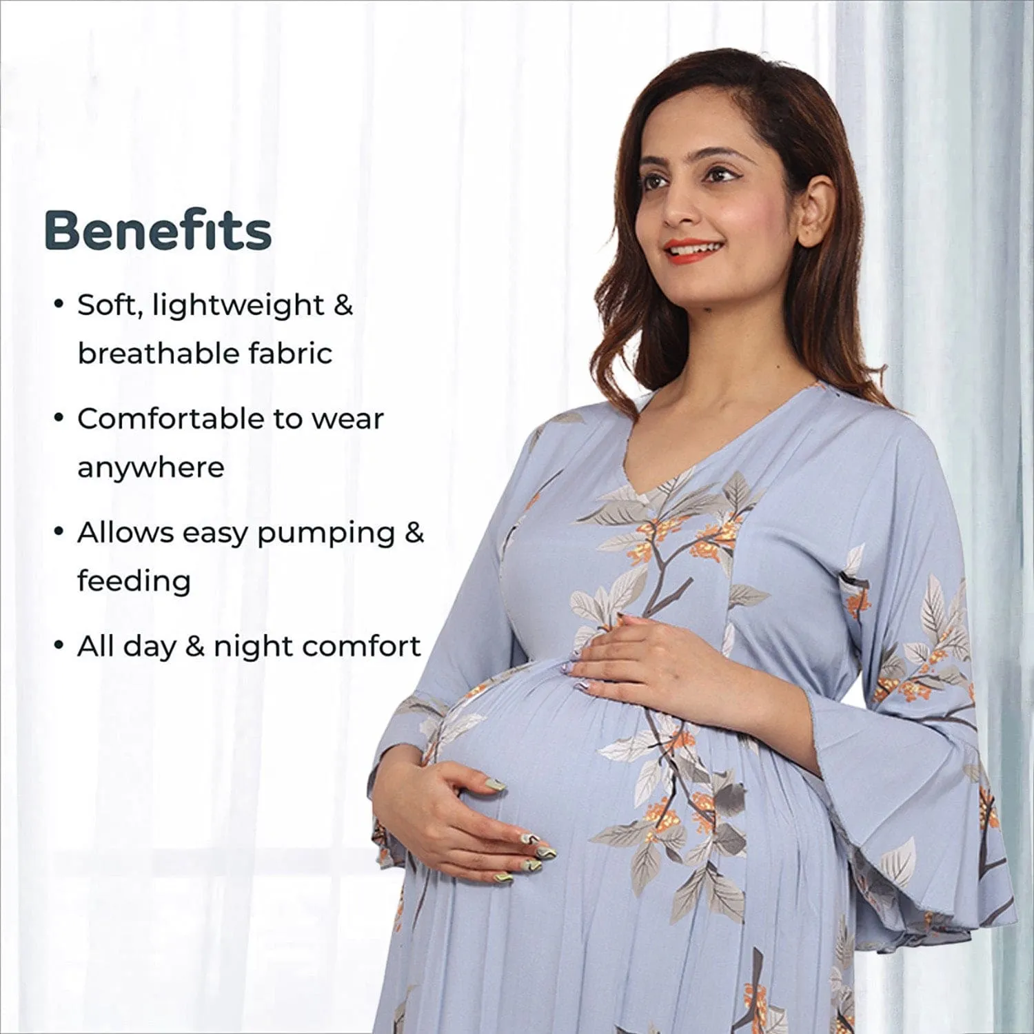 Baby Moo Half Bell Sleeves Comfortable Nursing And Maternity Dress Flower Print - Blue