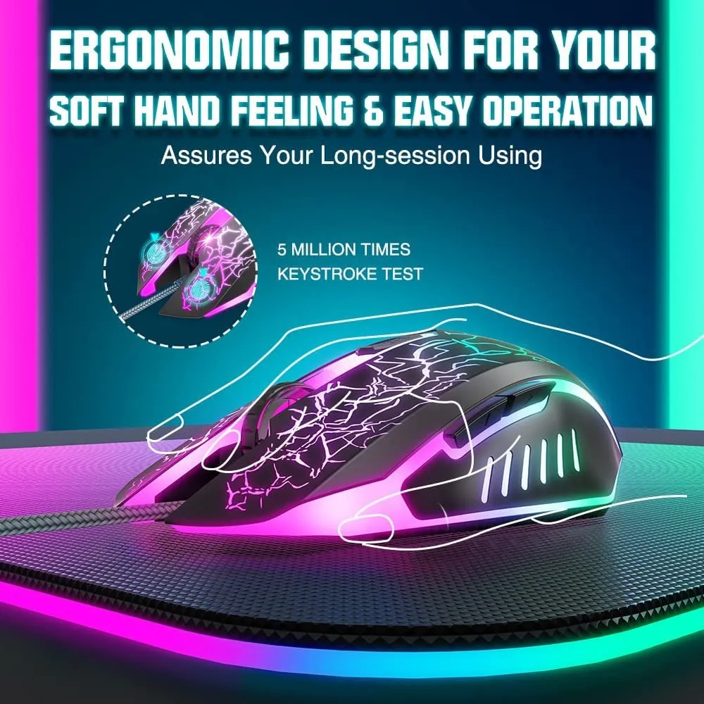 BENGOO Gaming Mouse Wired, USB Optical Computer Mice with RGB Backlit, 4 Adjustable DPI up to 3600, Ergonomic Gamer Laptop PC Mouse with 6 Programmable Buttons for Windows 7/8/10/XP Vista Linux -Black