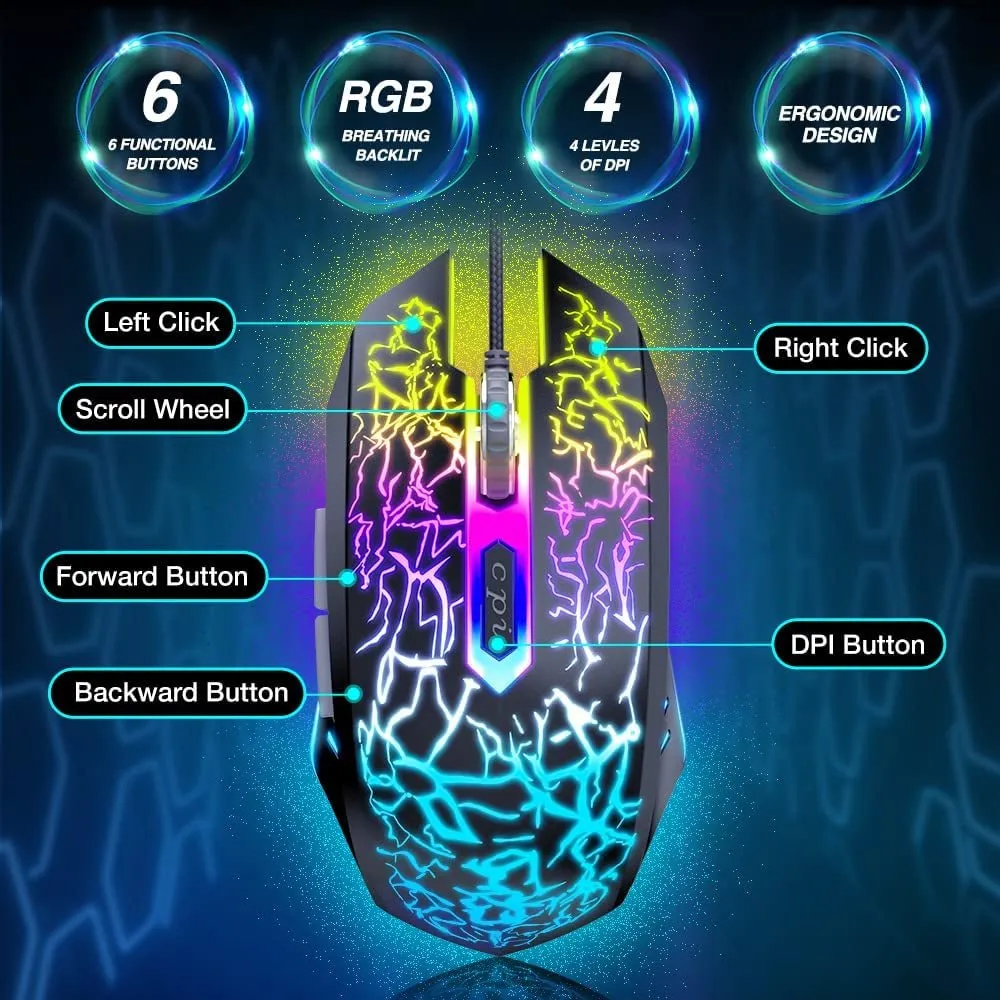 BENGOO Gaming Mouse Wired, USB Optical Computer Mice with RGB Backlit, 4 Adjustable DPI up to 3600, Ergonomic Gamer Laptop PC Mouse with 6 Programmable Buttons for Windows 7/8/10/XP Vista Linux -Black