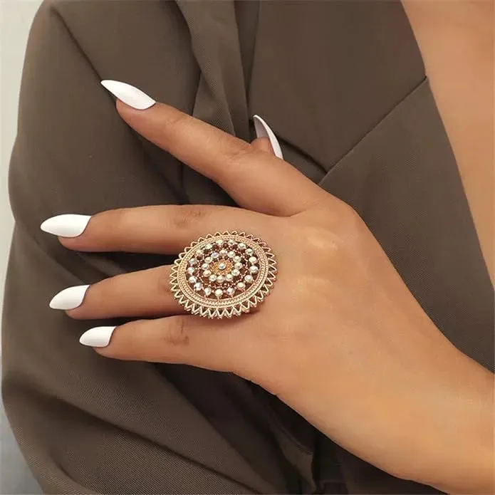 Boho Vintage Big Round Statement Gold Plated Ring - Set Of 1