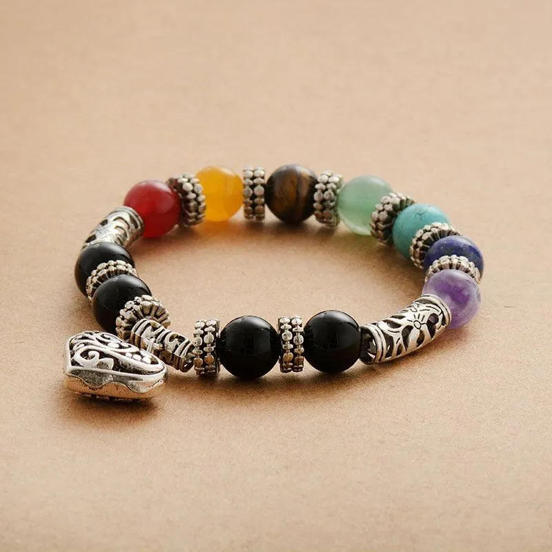 'Chakra' Beads & Heart Charm Stretchy Bracelet