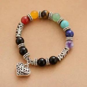 'Chakra' Beads & Heart Charm Stretchy Bracelet