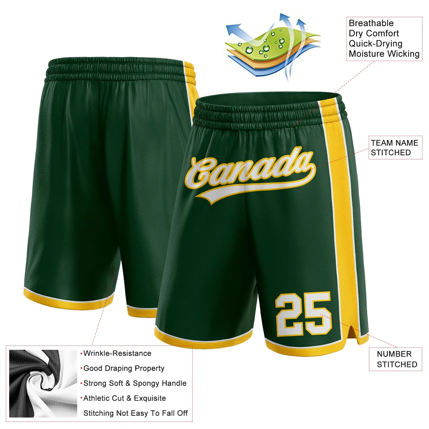 Custom Hunter Green White-Yellow Authentic Basketball Shorts