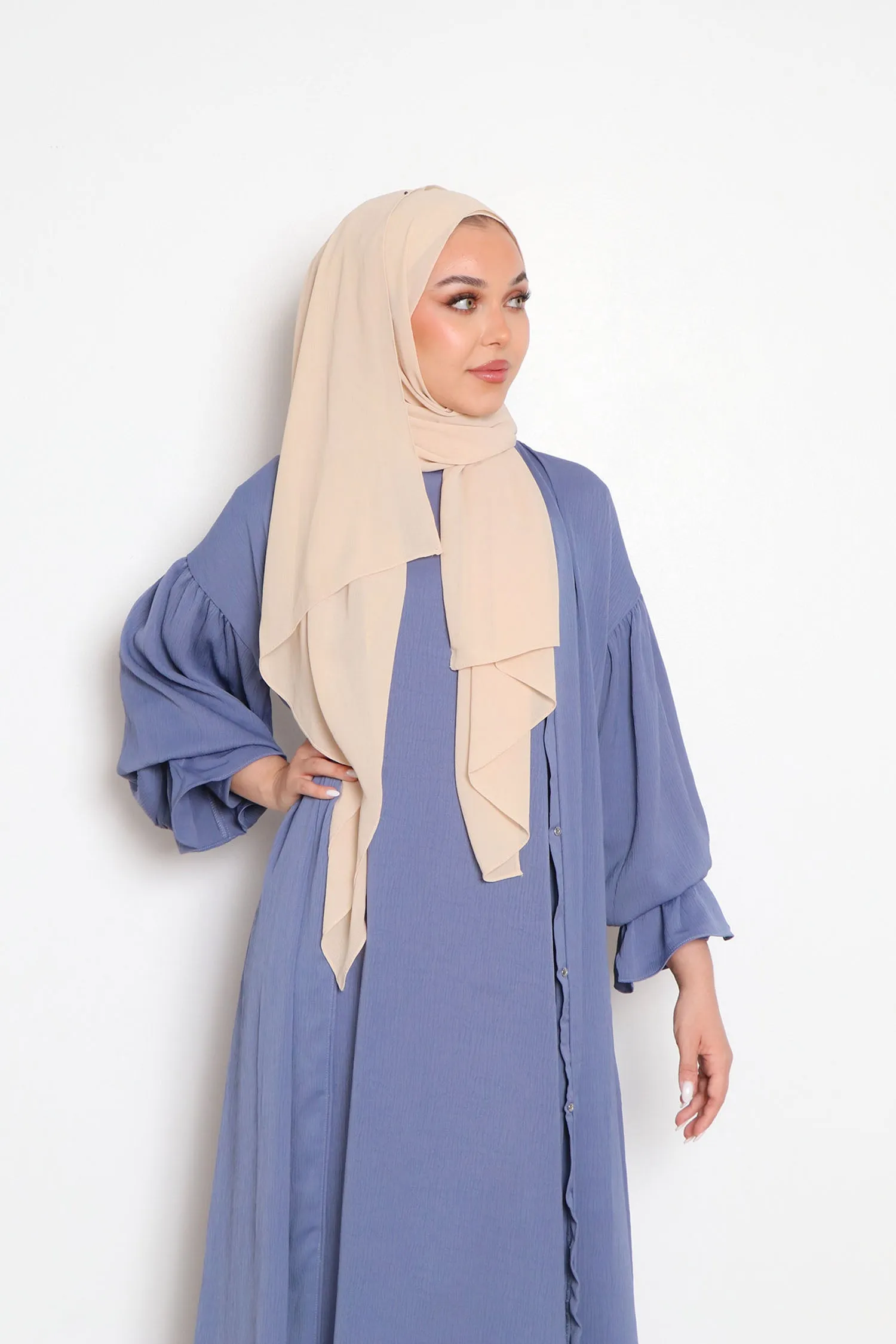 Darya Textured Balloon Sleeve Abaya- Dusty Blue