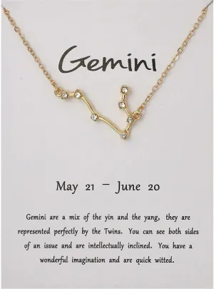 Desiny Jewels Gold Plated Rhinestone Decor Gemini Horoscope Astrology Zodiac Card Necklace Alloy Necklace