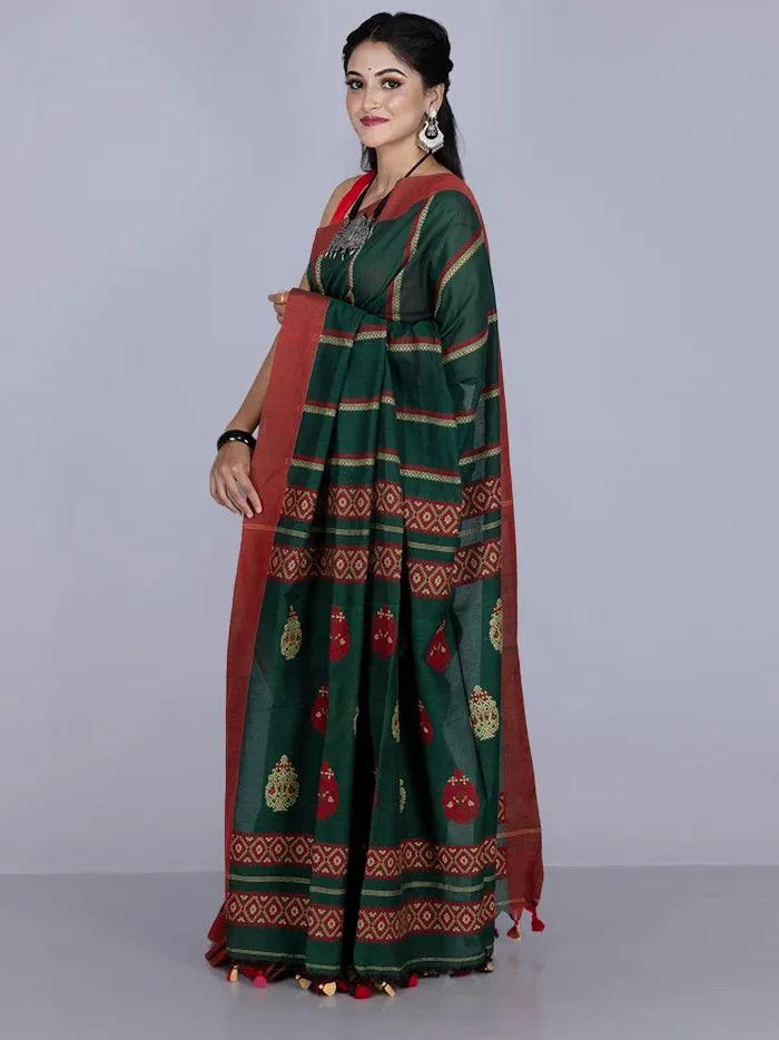 Elegant Green Par Anchal Buti Cotton Saree