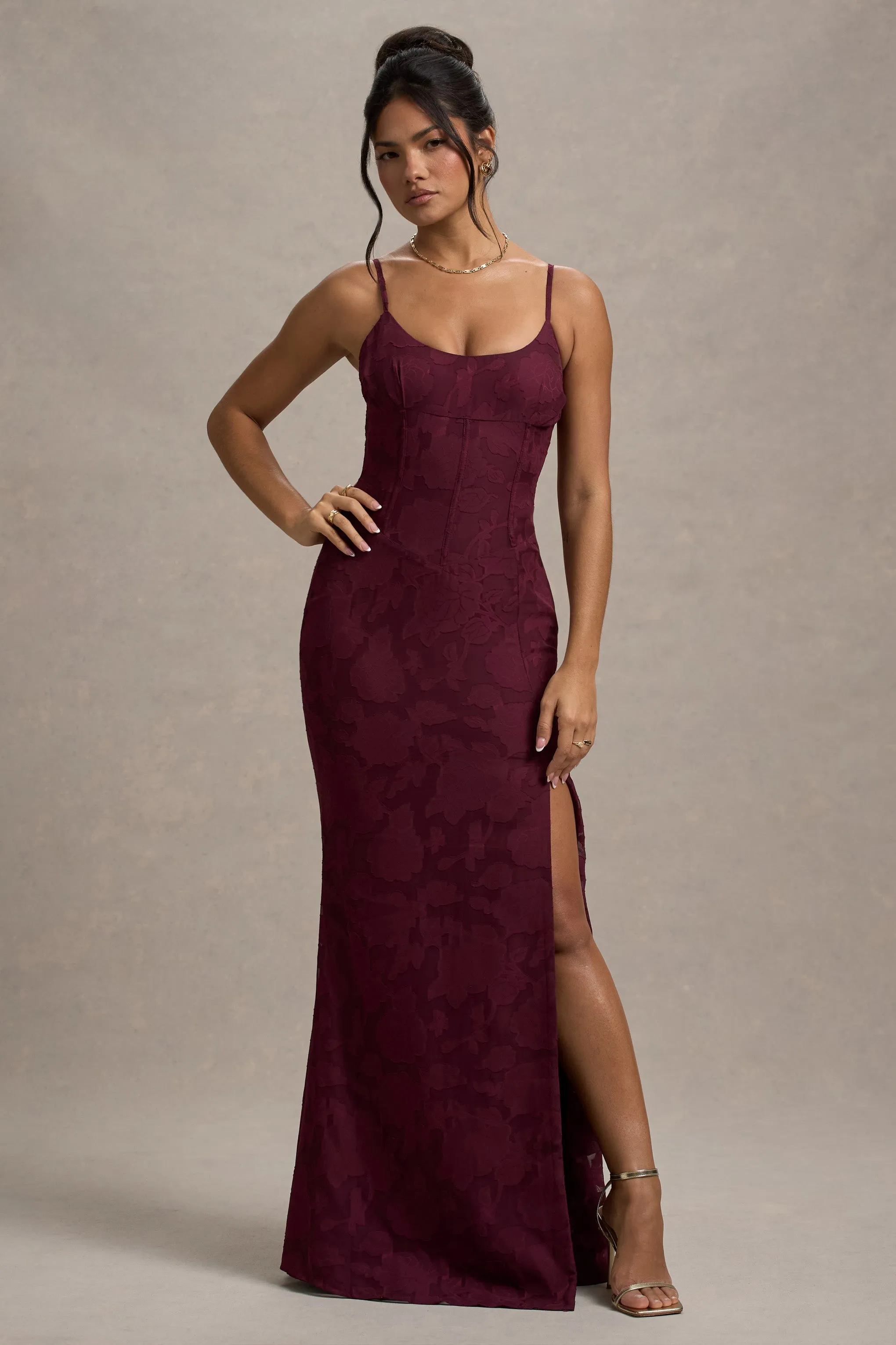 Intimacy | Plum Lace Corset Split Maxi Dress