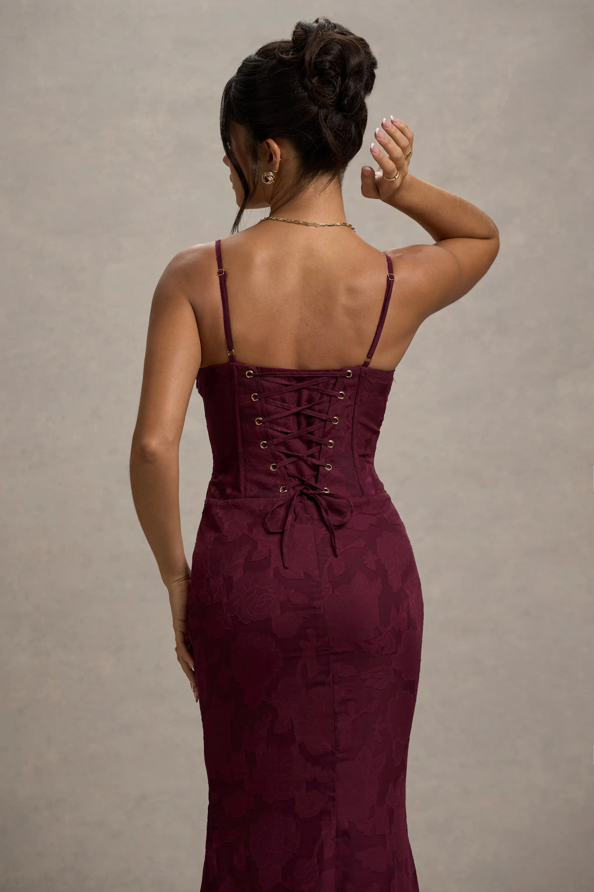 Intimacy | Plum Lace Corset Split Maxi Dress