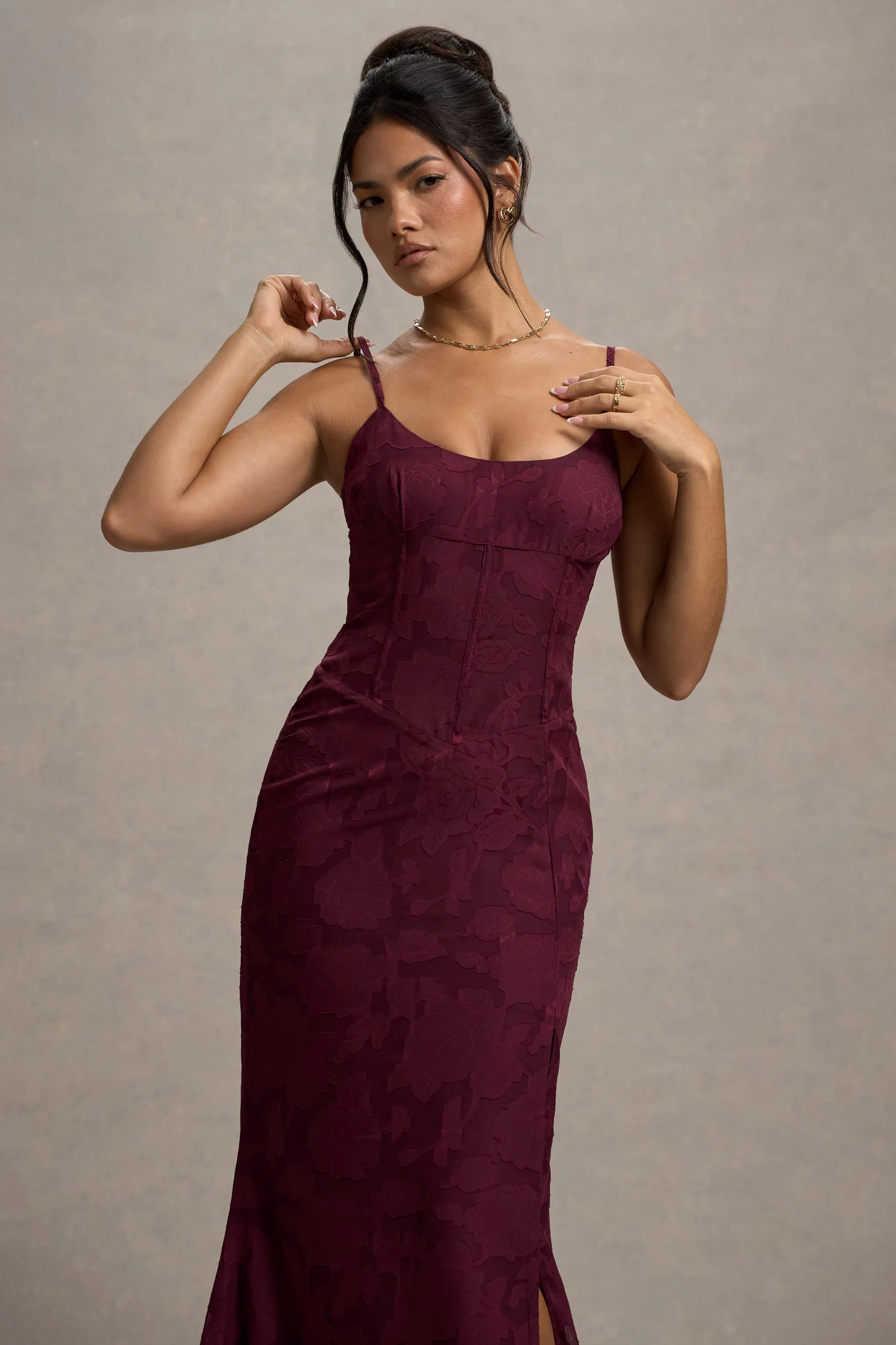 Intimacy | Plum Lace Corset Split Maxi Dress