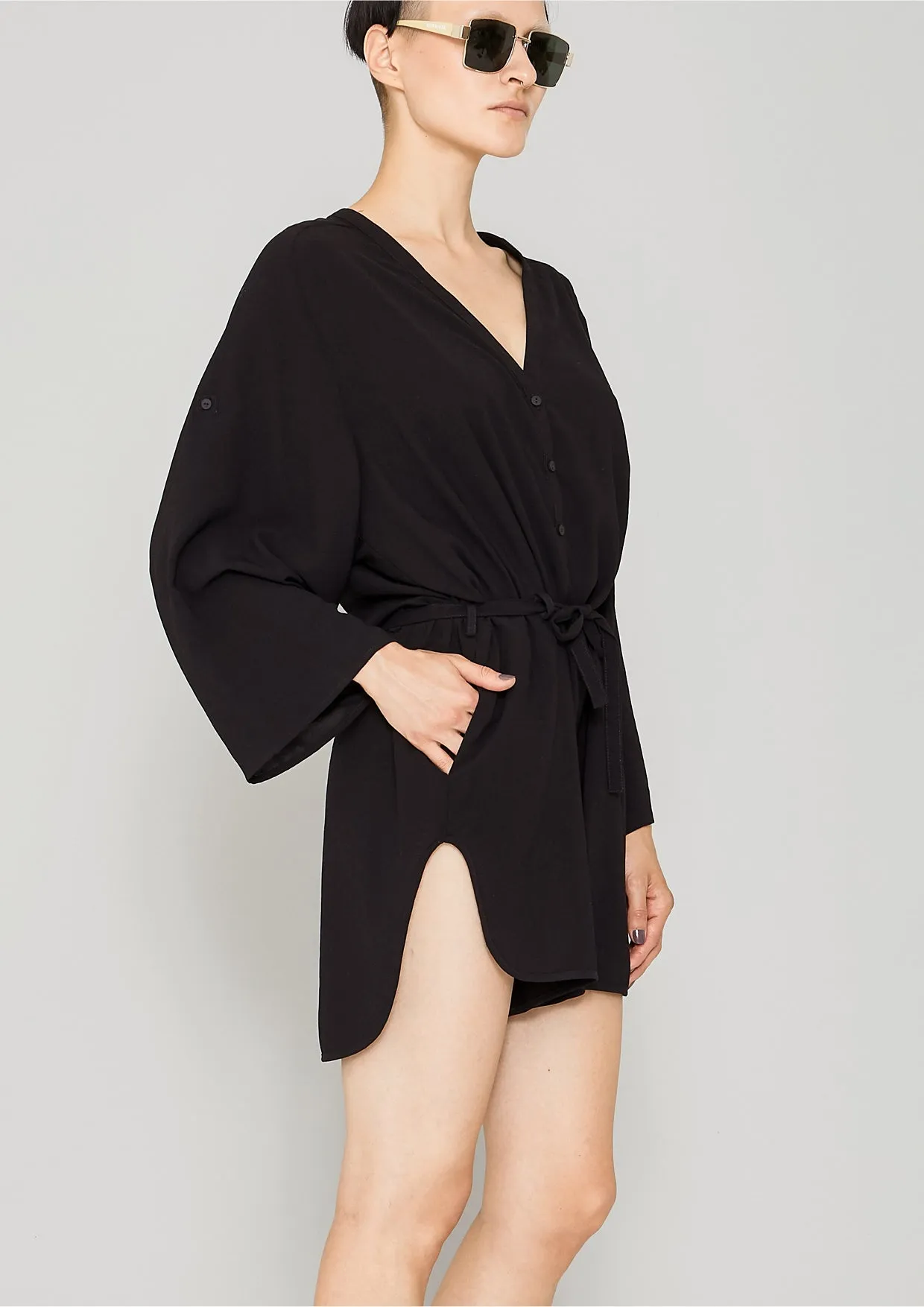 JUMPSUIT SHORT-LOOSE/BELT - black plain