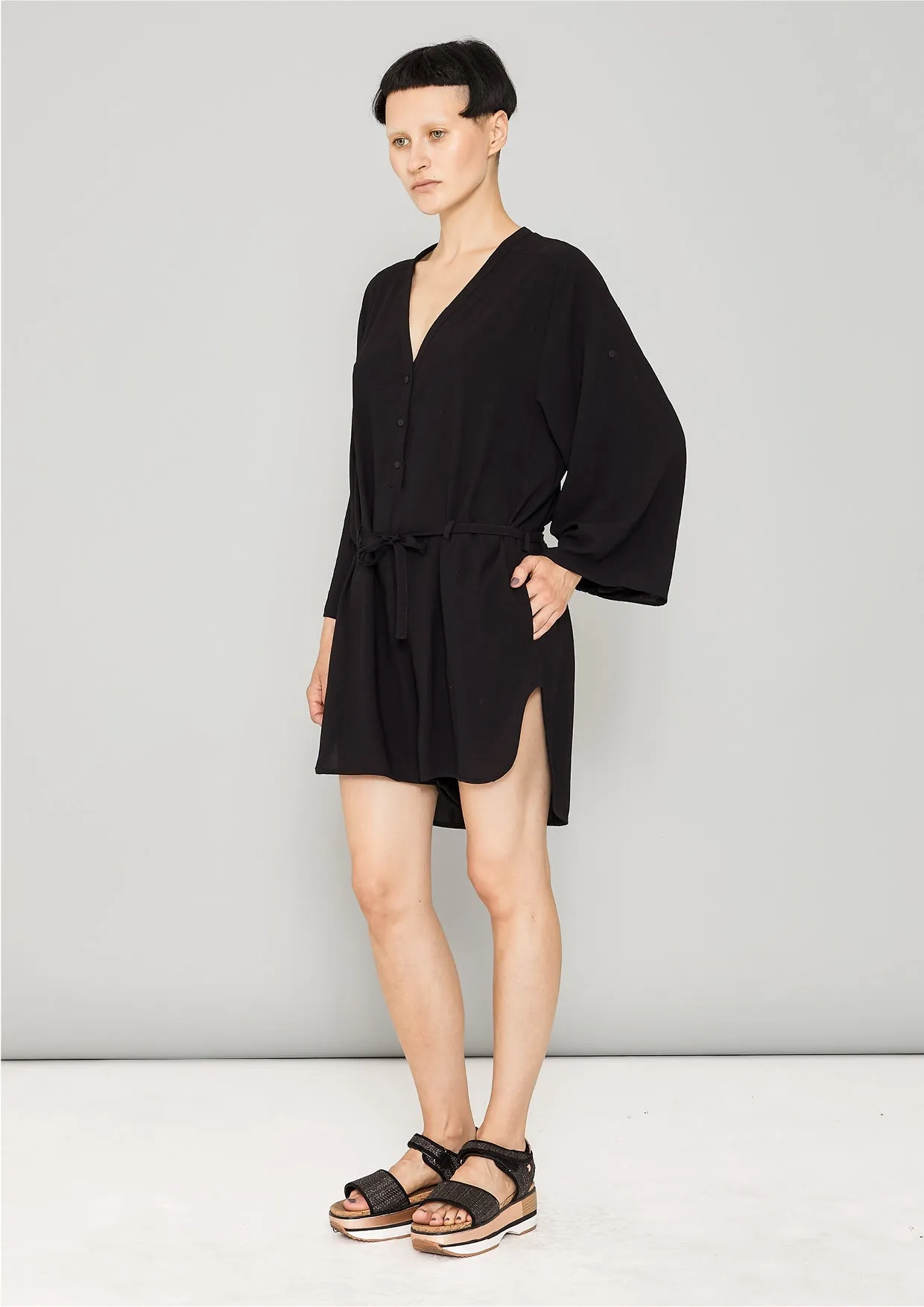 JUMPSUIT SHORT-LOOSE/BELT - black plain