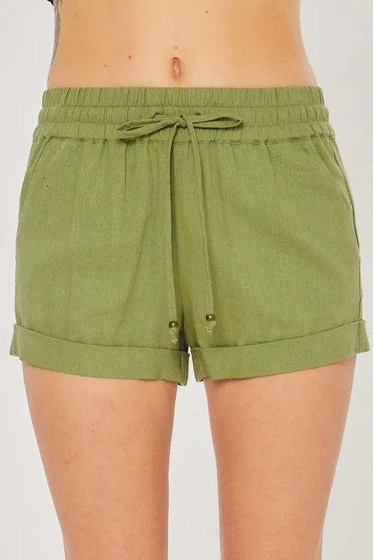 Linen Mid Rise Smocked Drawstring Shorts