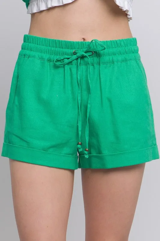 Linen Mid Rise Smocked Drawstring Shorts