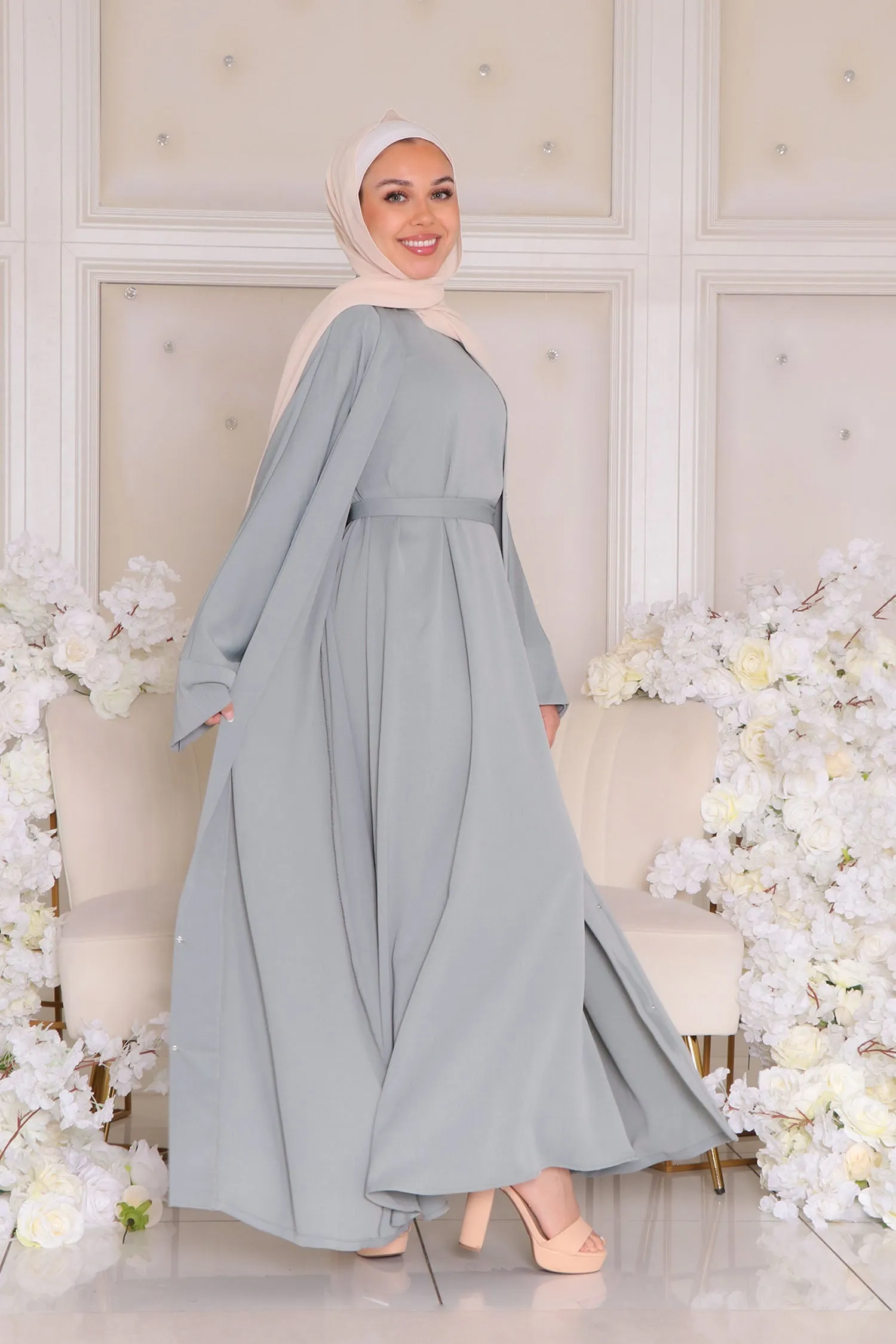 Mariah Textured Essential Open Abaya- Mint Gray