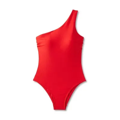 Open Box - Women's Medium Coverage One Shoulder One Piece Swimsuit with Tummy Control - Kona Sol Red M