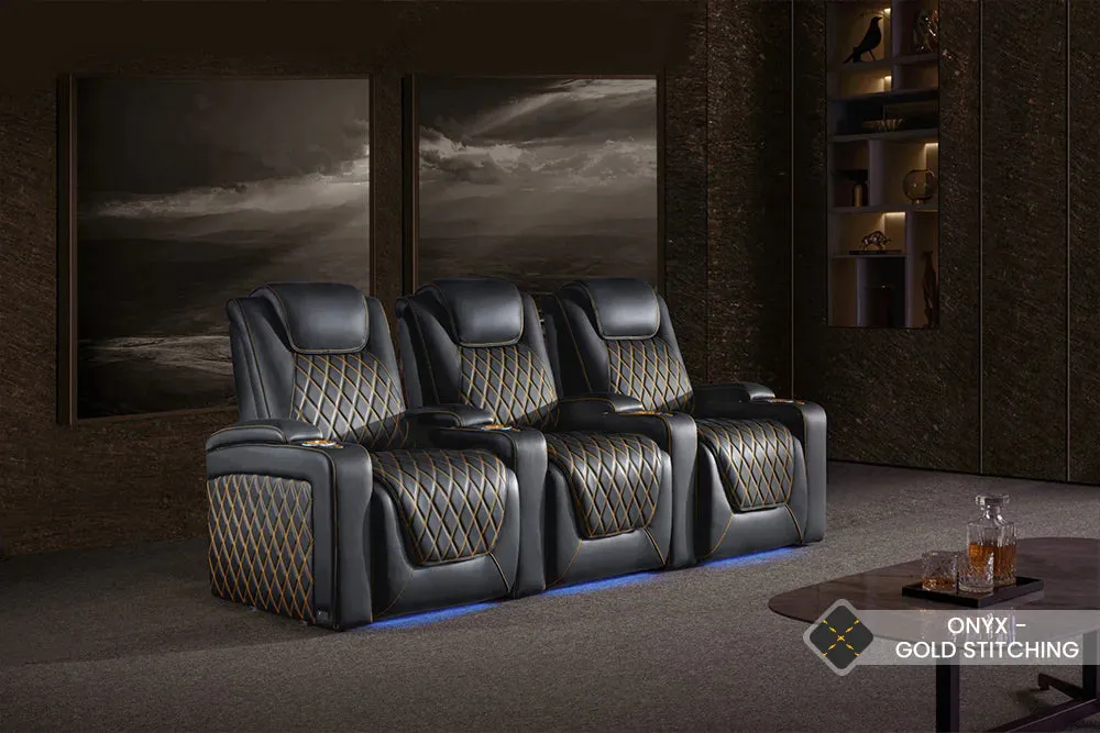 Valencia Oslo Ultimate Luxury Leather Home Theater Seating Row of 3 Loveseat Left, Onyx with Gold Stitching