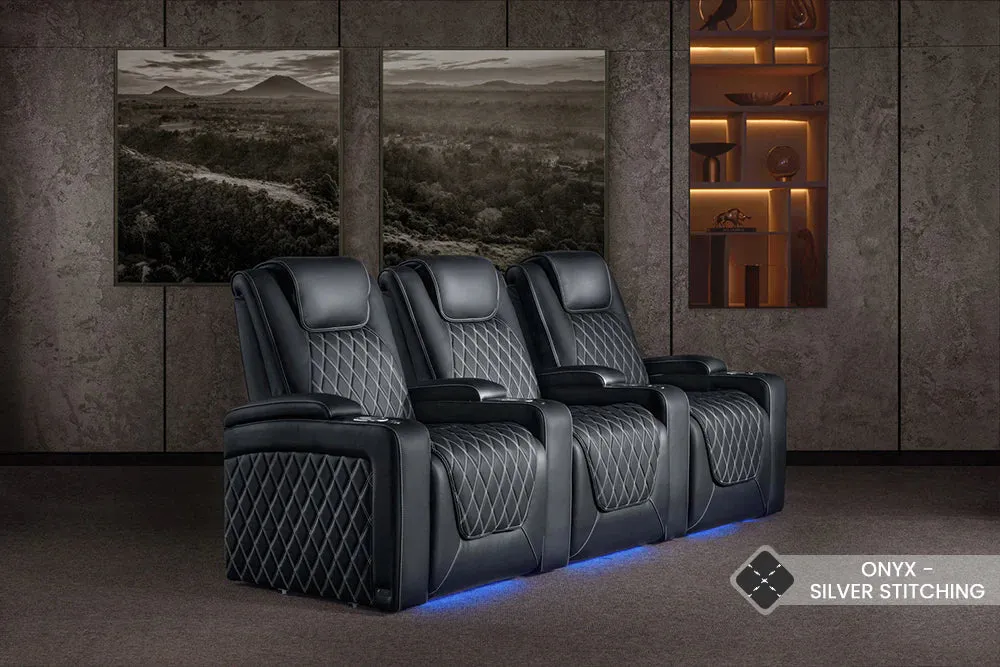 Valencia Oslo Ultimate Luxury Leather Home Theater Seating Row of 3 Loveseat Right, Onyx with Silver Stitching