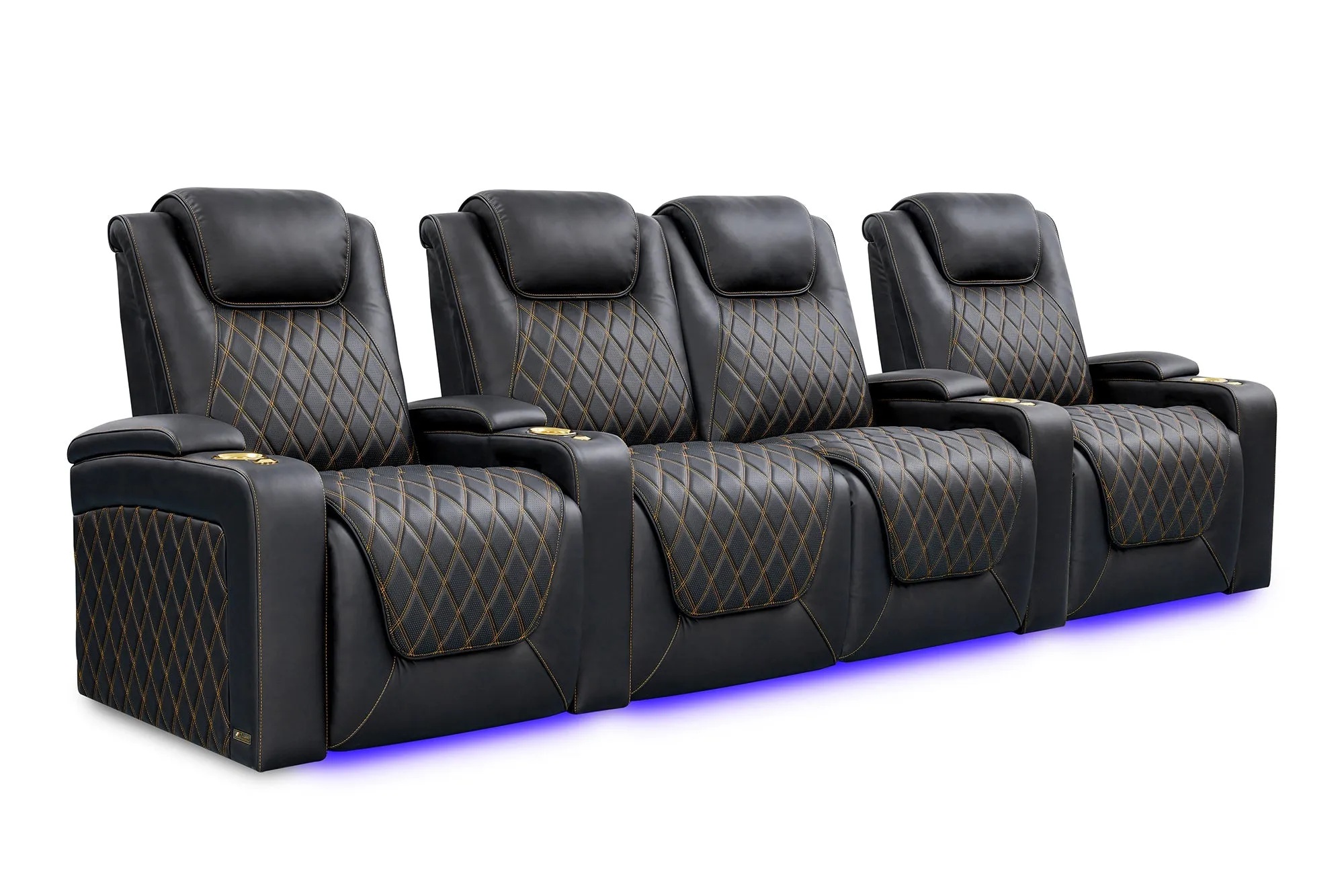 Valencia Oslo Ultimate Luxury Leather Home Theater Seating Row of 4 Loveseat Center, Onyx with Gold Stitching