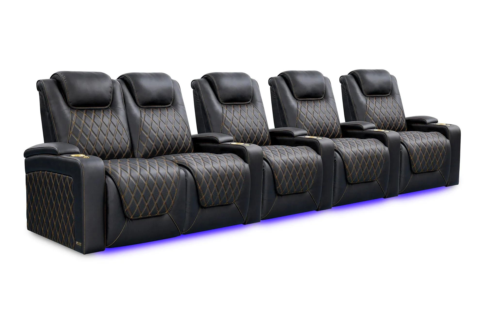 Valencia Oslo Ultimate Luxury Leather Home Theater Seating Row of 5 Loveseat Left, Onyx with Gold Stitching