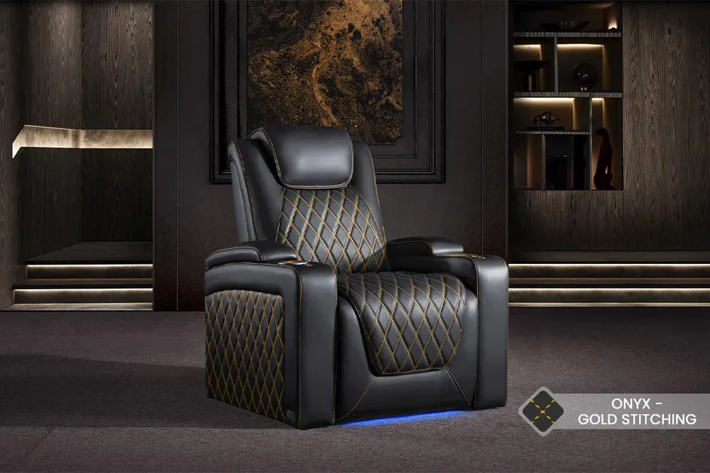 Valencia Oslo Ultimate Luxury Leather Home Theater Seating Row of 5, Onyx with Gold Stitching