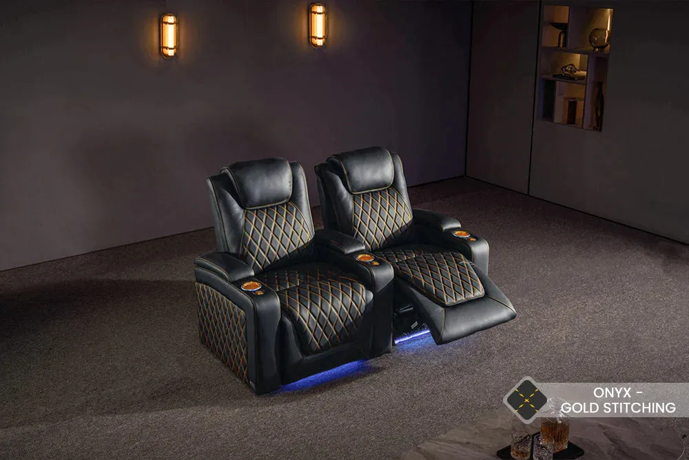 Valencia Oslo Ultimate Luxury Leather Home Theater Seating Row of 5, Onyx with Gold Stitching