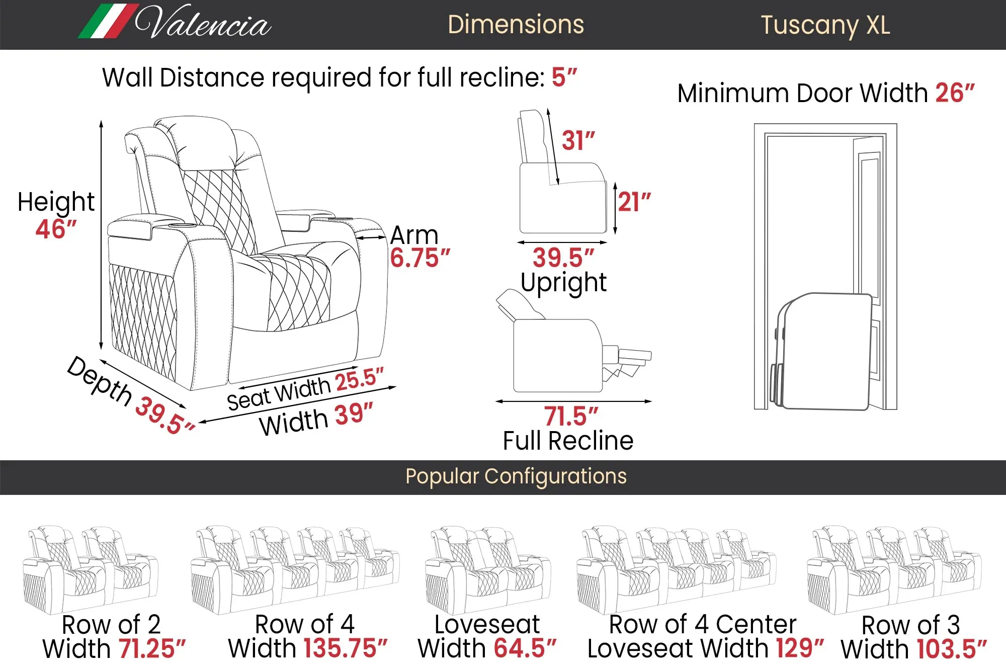 Valencia Tuscany XL Luxury Leather Home Theater Seating Row of 2, Graphite