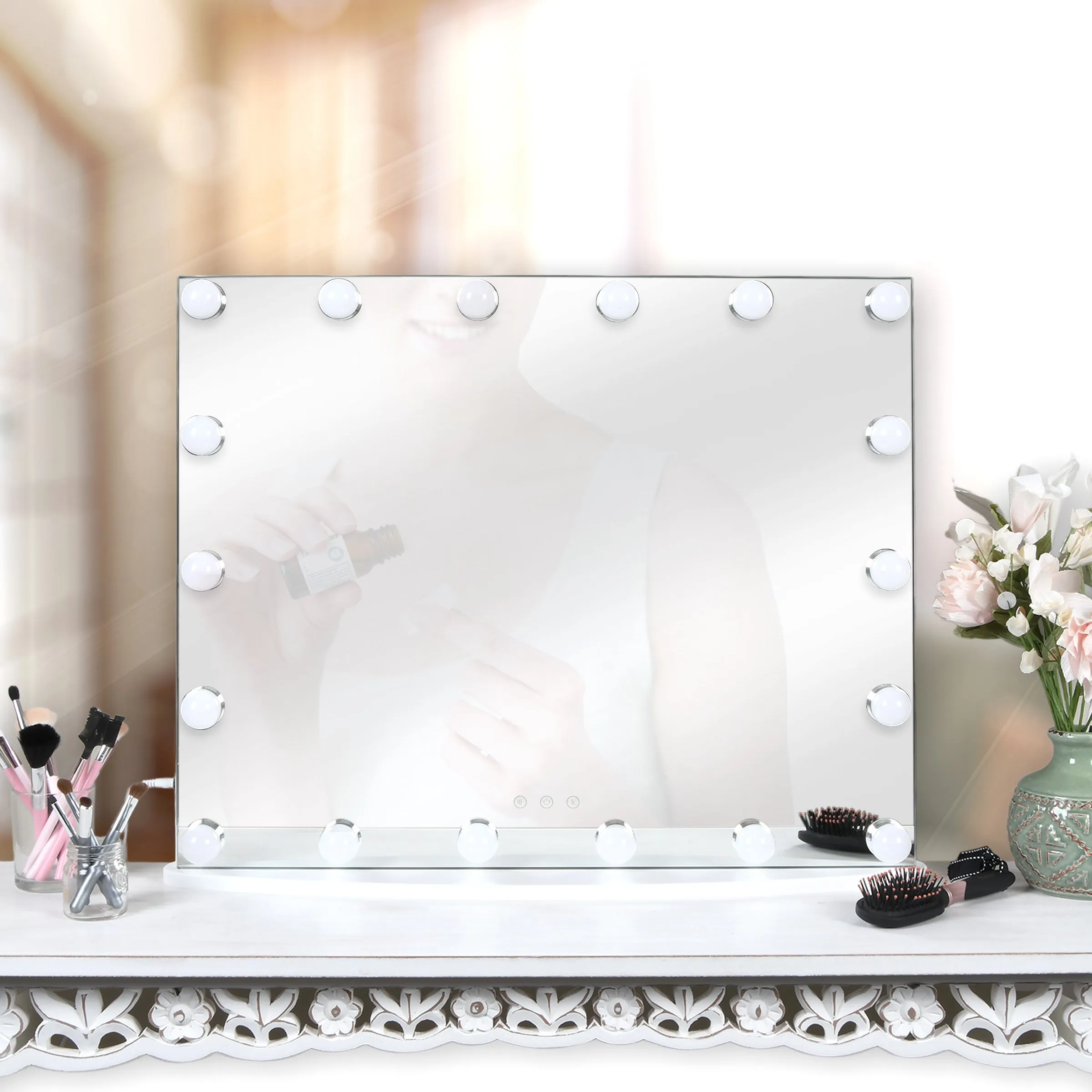 White Vanity Mirror with 18 LED Lights, 25" Inch Hollywood Lighted Makeup Mirror, Wall Mounted or Tabletop